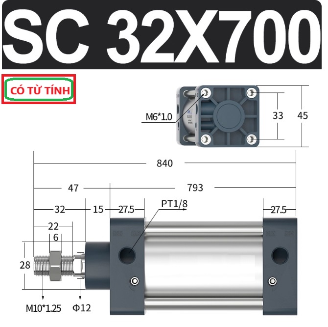 Xi lanh khí nén vuông SC32X700-S