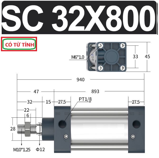 Xi lanh khí nén vuông SC32X800-S