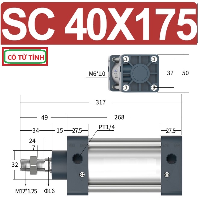 Xi lanh khí nén vuông SC40X175-S