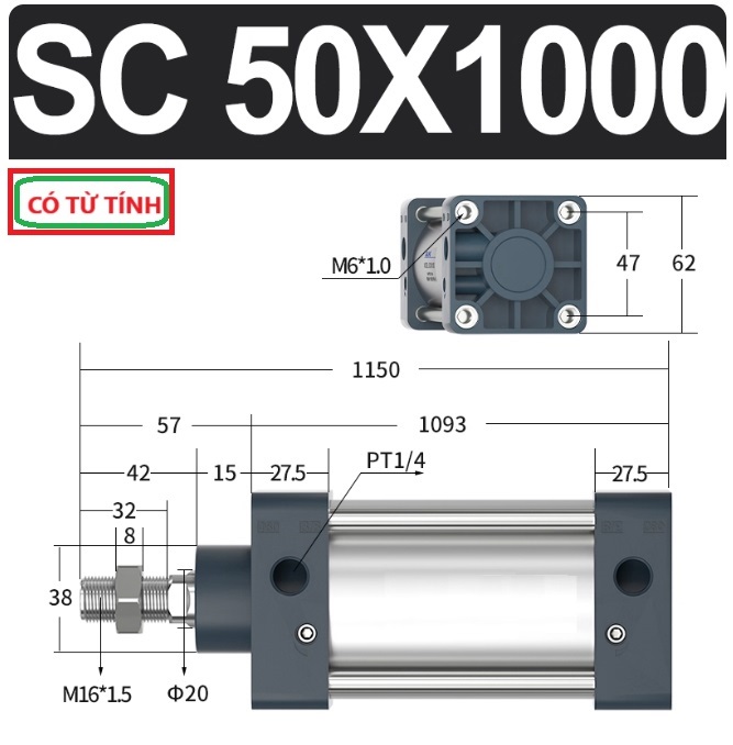 Xi lanh khí nén vuông SC50X1000-S