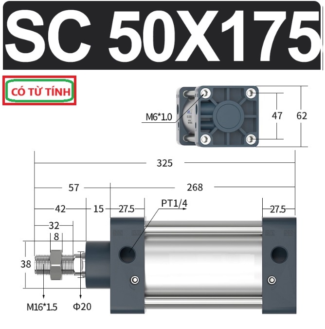 Xi lanh khí nén vuông SC50X175-S