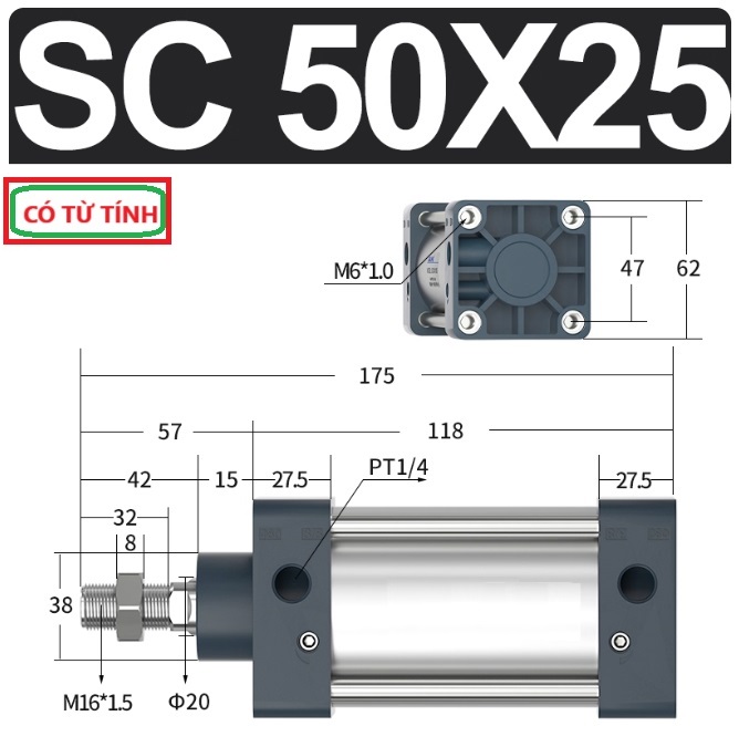 Xi lanh khí nén vuông SC50X25-S