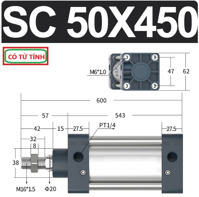 Xi lanh khí nén vuông SC50X450-S