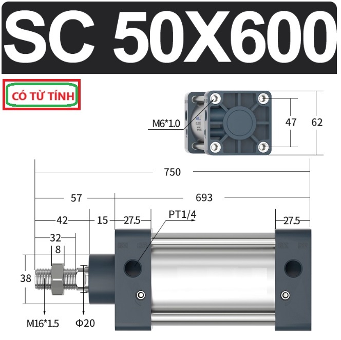 Xi lanh khí nén vuông SC50X600-S