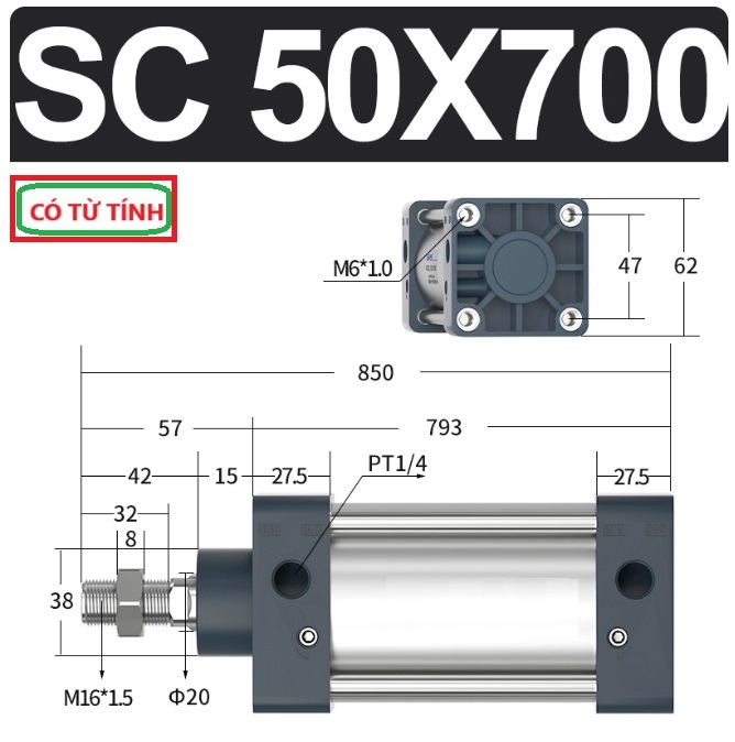 Xi lanh khí nén vuông SC50X700-S