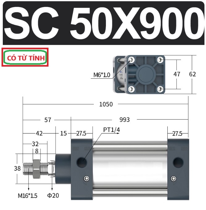 Xi lanh khí nén vuông SC50X900-S