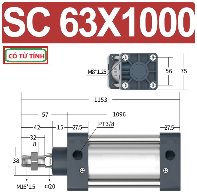 Xi lanh khí nén vuông SC63X1000-S