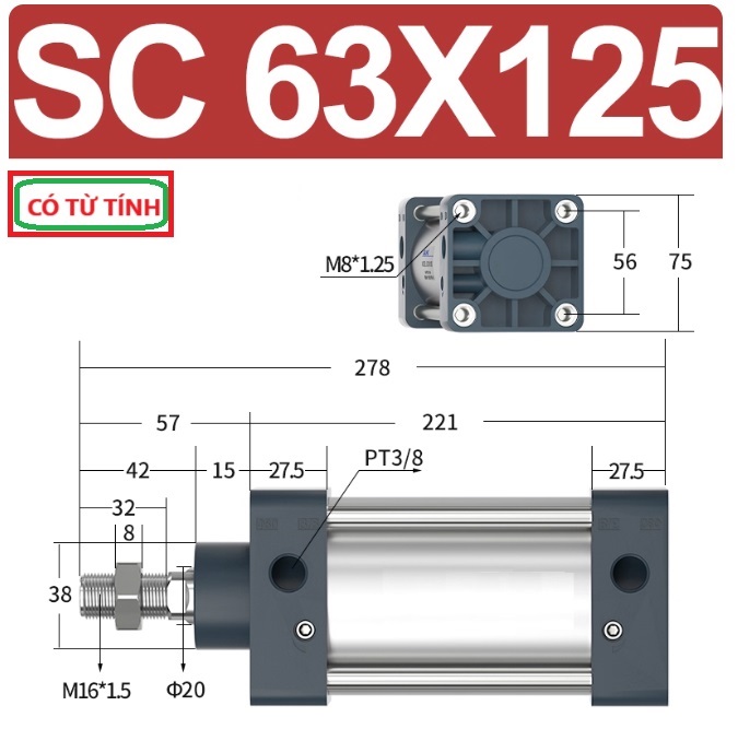 Xi lanh khí nén vuông SC63X125-S
