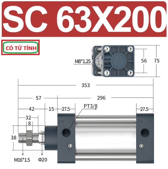Xi lanh khí nén vuông SC63X200-S