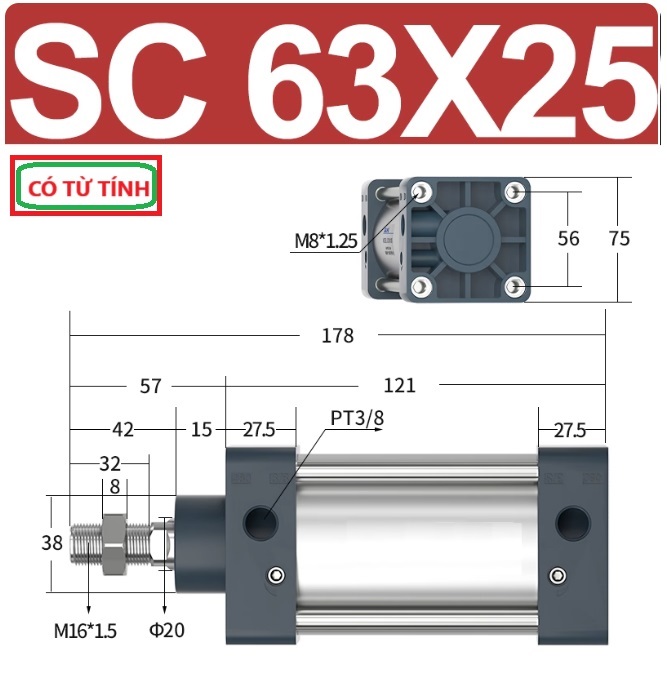 Xi lanh khí nén vuông SC63X25-S