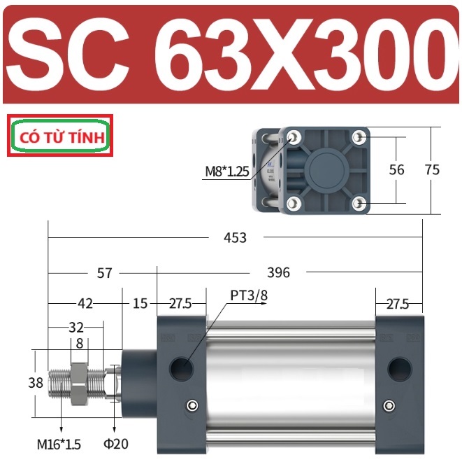 Xi lanh khí nén vuông SC63X300-S