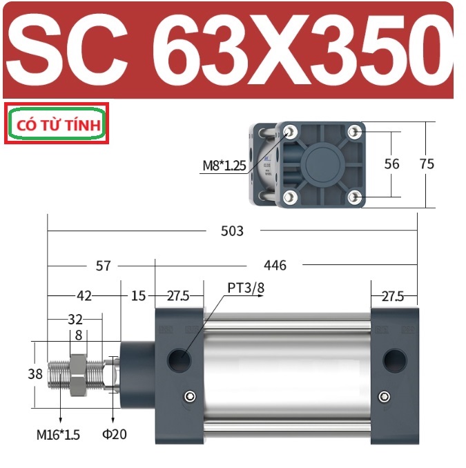 Xi lanh khí nén vuông SC63X350-S