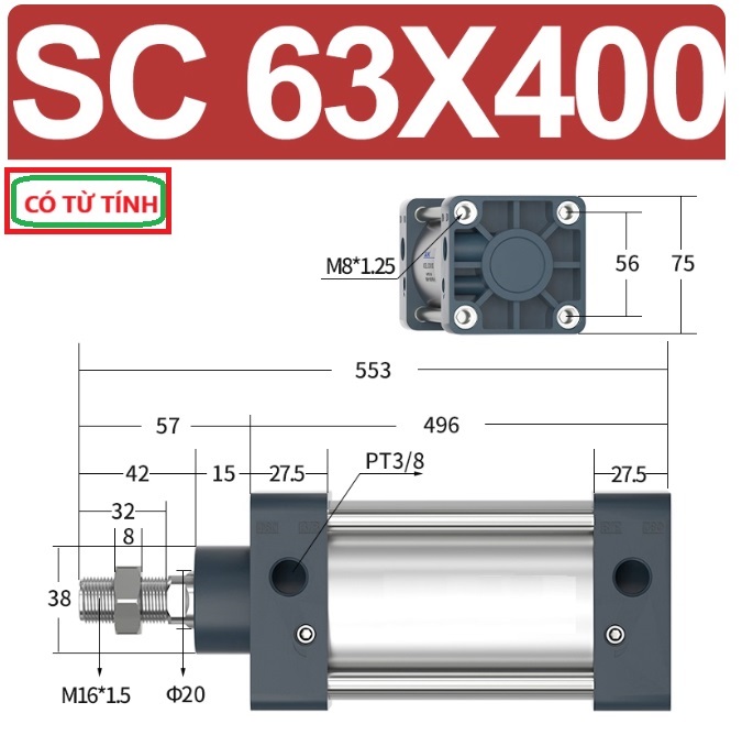 Xi lanh khí nén vuông SC63X400-S