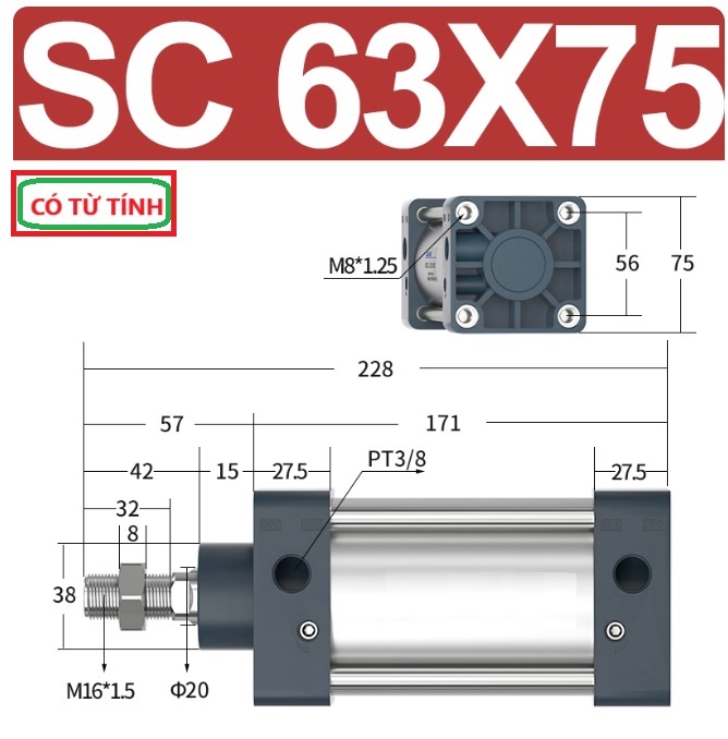 Xi lanh khí nén vuông SC63X75-S