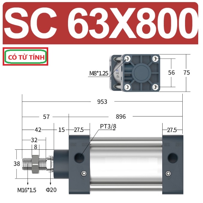 Xi lanh khí nén vuông SC63X800-S