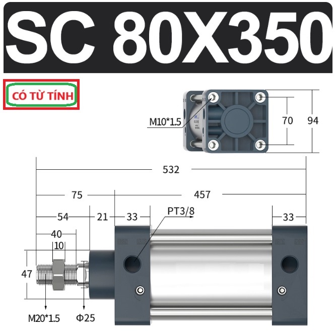 Xi lanh khí nén vuông SC80X350-S