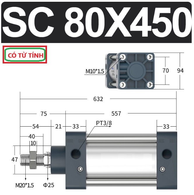 Xi lanh khí nén vuông SC80X450-S