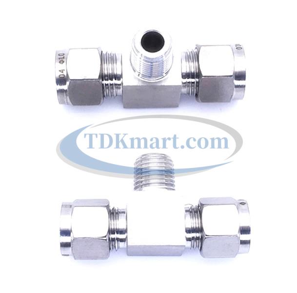 T nối Inox 304 có 2 đầu siết hạt bắp phi 16 và 1 đầu ren ngoài 1/2