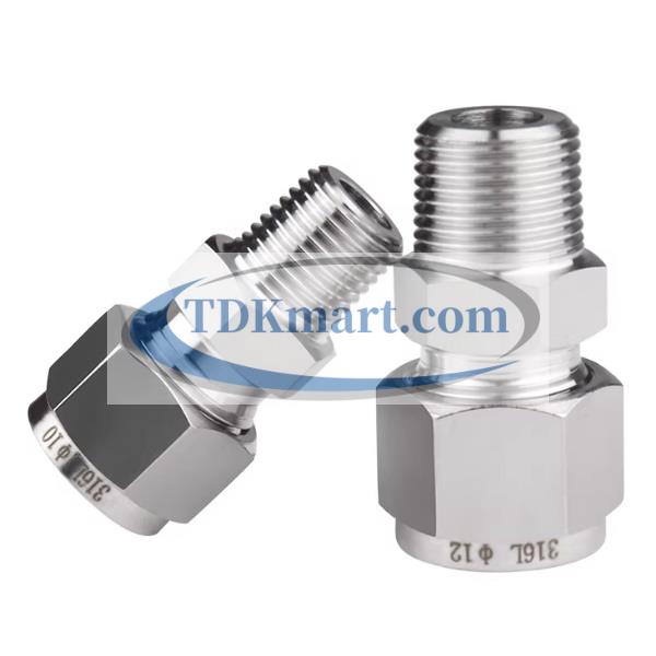 Đầu nối nhanh khí nén thẳng vật liệu thép không gỉ inox 316 có 1 đầu ren ngoài và 1 đầu siết hạt bắp
