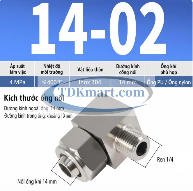 Co nối thép không rỉ 304 có 1 đầu siết ống 14 và 1 đầu ren ngoài 1/4 =12.7mm
