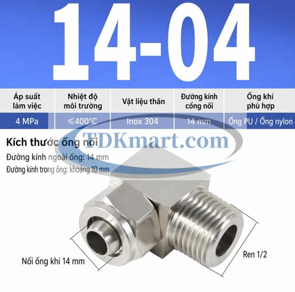 Co nối thép không rỉ 304 có 1 đầu siết ống 14 và 1 đầu ren ngoài 1/2 =21mm