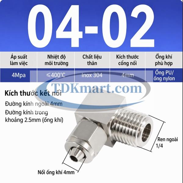 Co nối thép không rỉ 304 có 1 đầu siết ống 4 và 1 đầu ren ngoài 1/4 =12.7mm