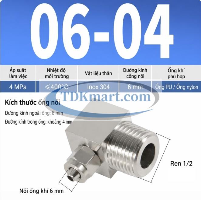 Co nối thép không rỉ 304 có 1 đầu siết ống 6 và 1 đầu ren ngoài 1/2 =21mm