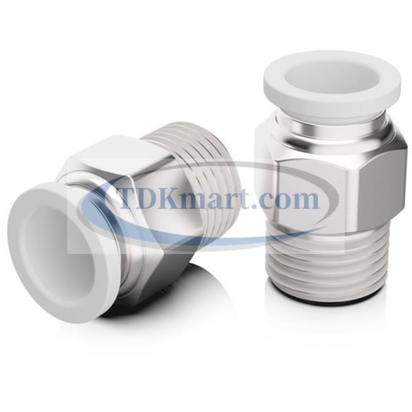 Đầu nối nhanh khí nén thẳng ren ngoài màu trắng có 1 đầu ghim ống và 1 đầu ren ngoài