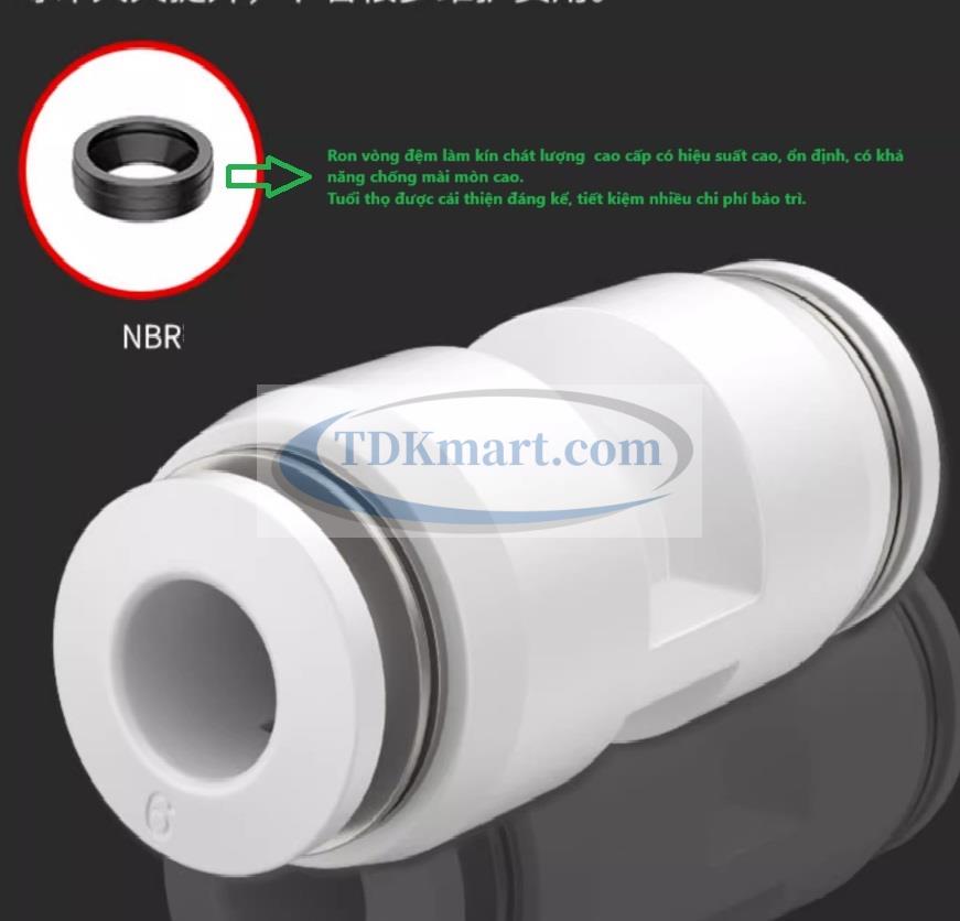 Đầu nối nhanh khí nén thẳng màu trắng có 2 đầu ghim ống bằng nhau
