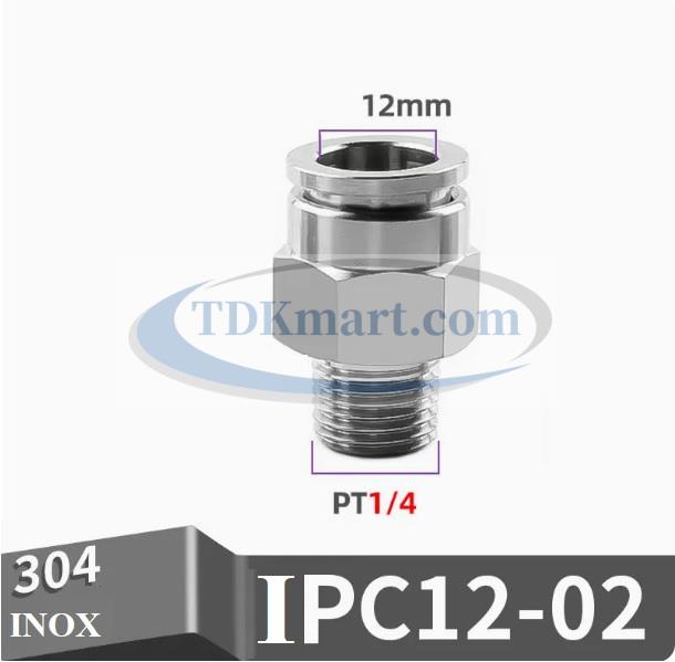 Đầu nối nhanh Inox thẳng ống 12 - Ren ngoài 1/4 =12.7mm