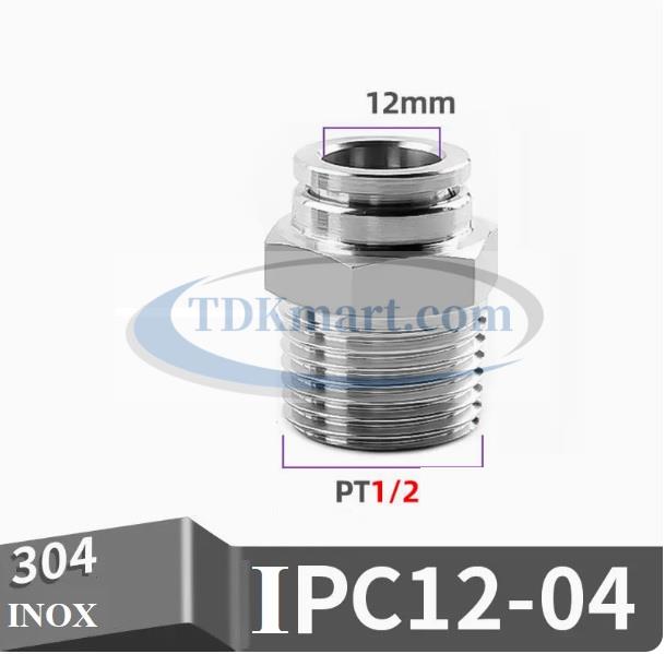 Đầu nối nhanh Inox thẳng ống 12 - Ren ngoài 1/2 =21mm