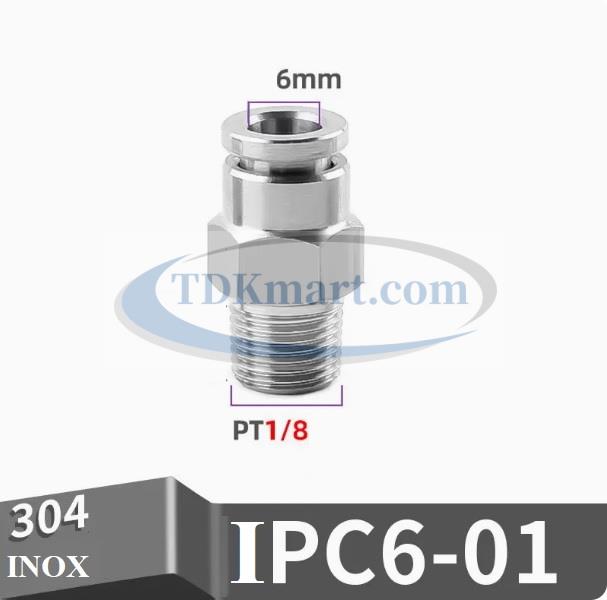 Đầu nối nhanh Inox thẳng ống 6 - Ren ngoài 1/8 =9.6mm