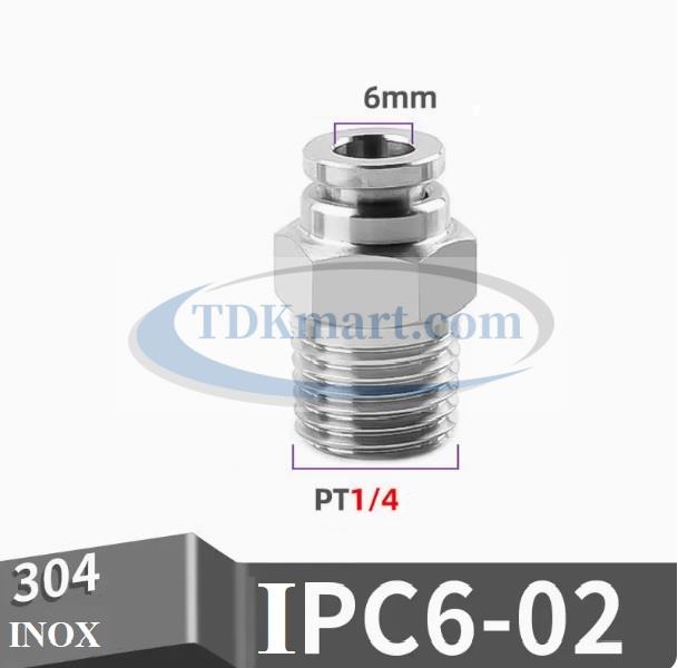 Đầu nối nhanh Inox thẳng ống 6 - Ren ngoài 1/4 =12.7mm