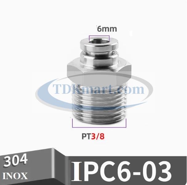 Đầu nối nhanh Inox thẳng ống 6 - Ren ngoài 3/8 =16.7mm