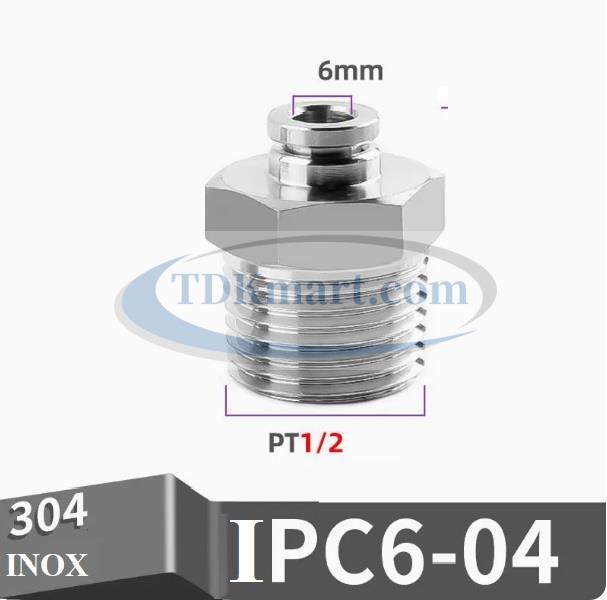 Đầu nối nhanh Inox thẳng ống 6 - Ren ngoài 1/2 =21mm