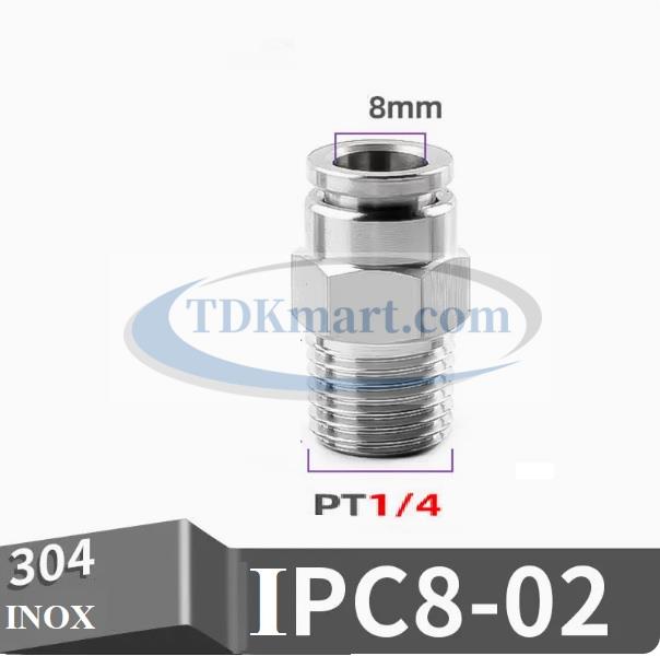 Đầu nối nhanh Inox thẳng ống 8 - Ren ngoài 1/4 =12.7mm