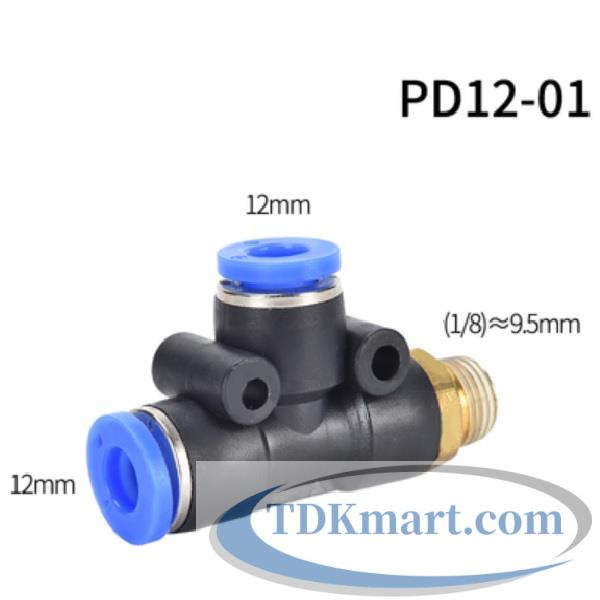 Cut nối chữ T hai đầu nối ống 12 mm- 1 đầu ren ngoài bên hông 9.6 mm = 1/8′