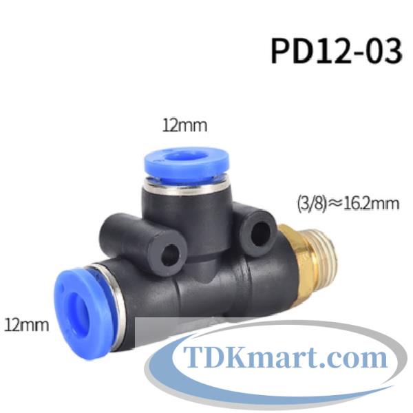 Cut nối chữ T hai đầu nối ống 12 mm- 1 đầu ren ngoài bên hông 16 mm = 3/8′