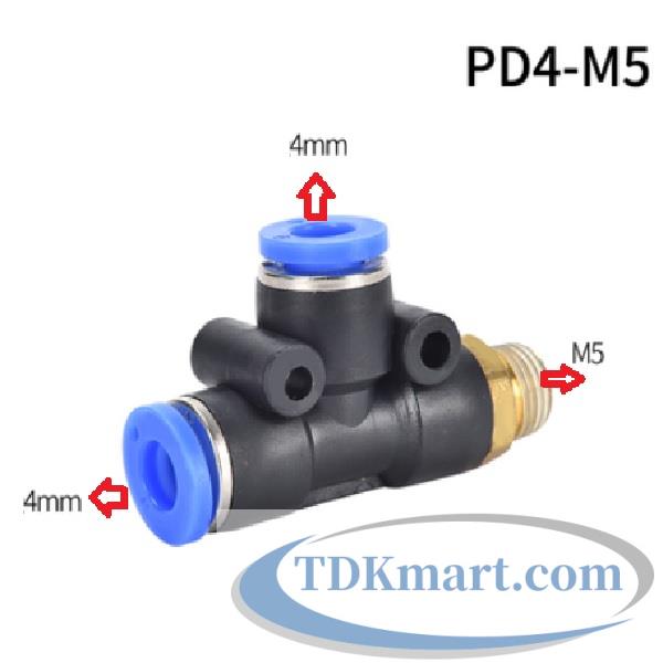 Cut nối chữ T hai đầu nối ống 4 mm- 1 đầu ren ngoài bên hông M5