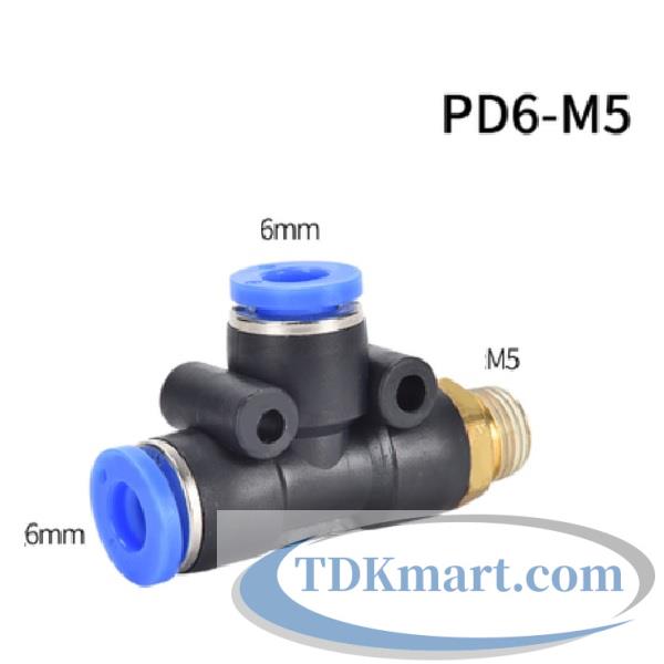 Cut nối chữ T hai đầu nối ống 6 mm- 1 đầu ren ngoài bên hông M5