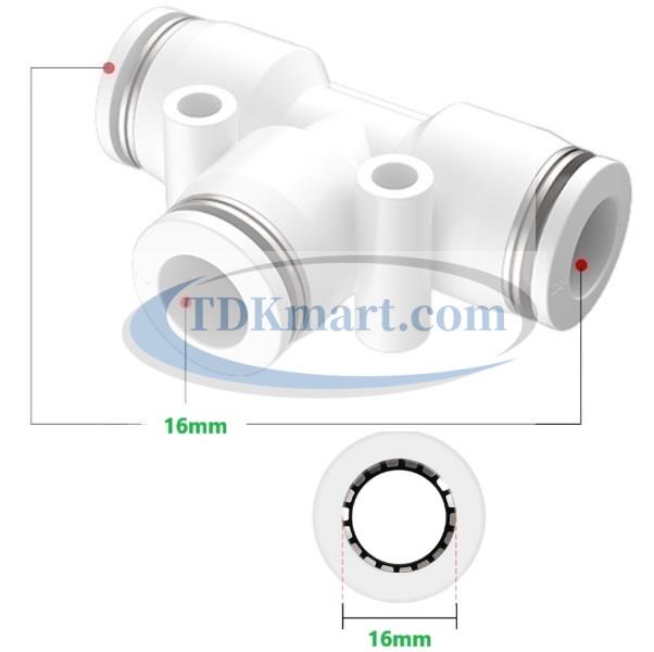 Đầu nối nhanh khí nén chữ T màu trắng có 3 đầu ghim ống