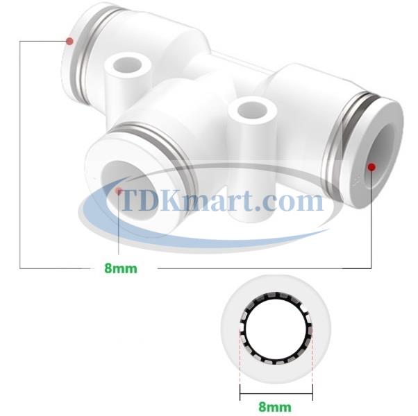 Đầu nối nhanh khí nén chữ T màu trắng có 3 đầu ghim ống