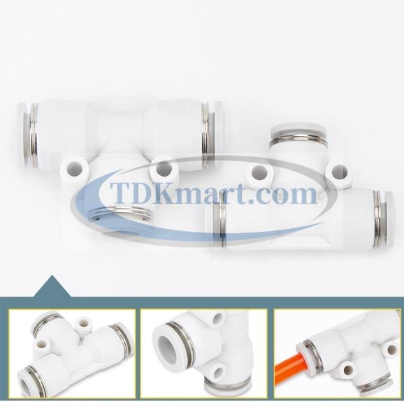 Đầu nối nhanh khí nén chữ T màu trắng có 3 đầu ghim ống