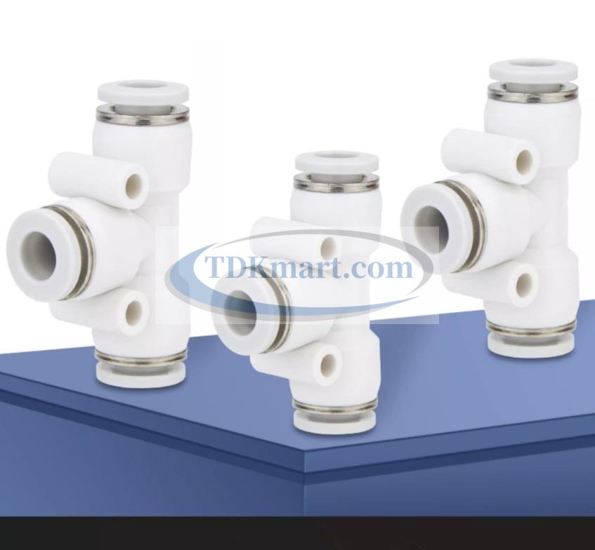 Đầu nối nhanh khí nén chữ T màu trắng có 3 đầu ghim ống