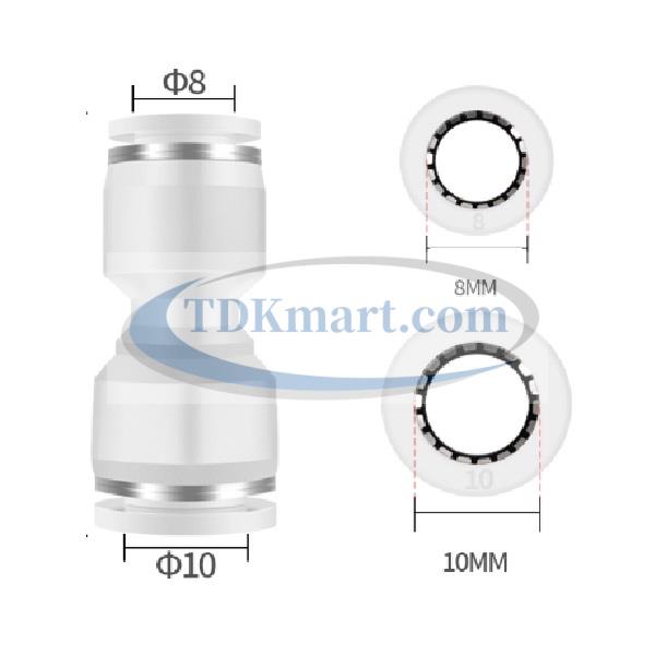Đầu nối nhanh khí nén thẳng giảm màu trắng có 2 đầu ghim ống
