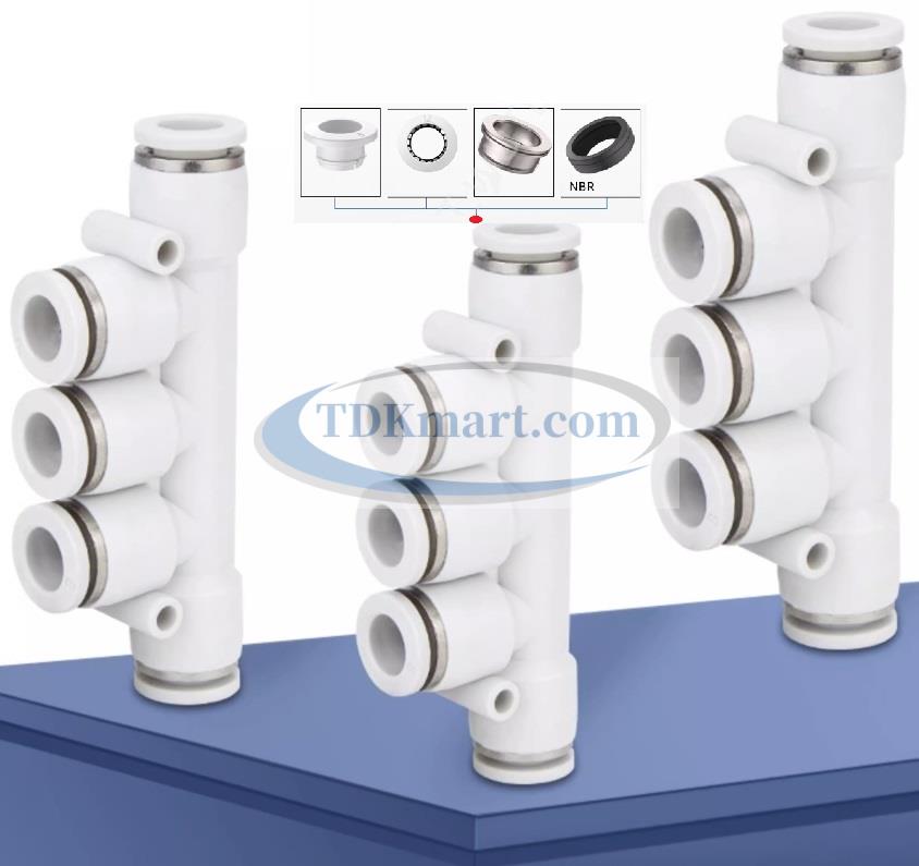 Đầu nối nhanh khí nén chia 5 ngã màu trắng có 5 đầu ghim ống