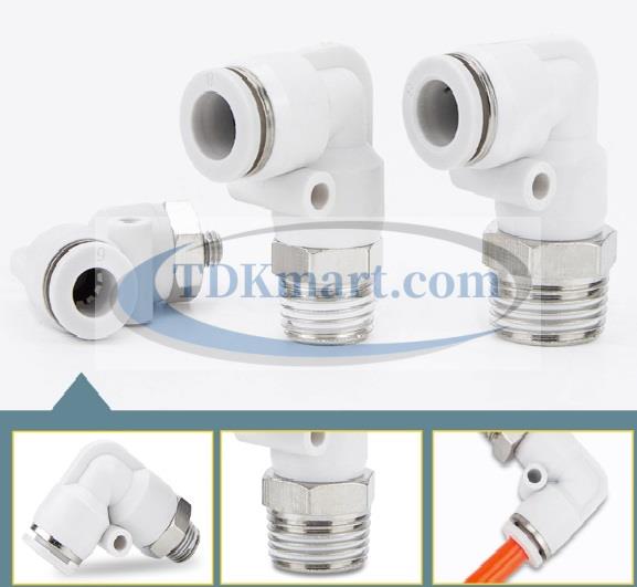 Co nối nhanh khí nén ren ngoài màu trắng có 1 đầu ghim ống và 1 đầu ren ngoài