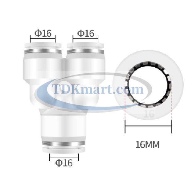Đầu nối nhanh khí nén chữ Y màu trắng có 3 đầu ghim ống 16