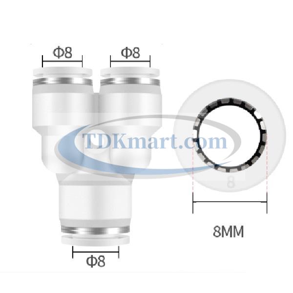Đầu nối nhanh khí nén chữ Y màu trắng có 3 đầu ghim ống 8