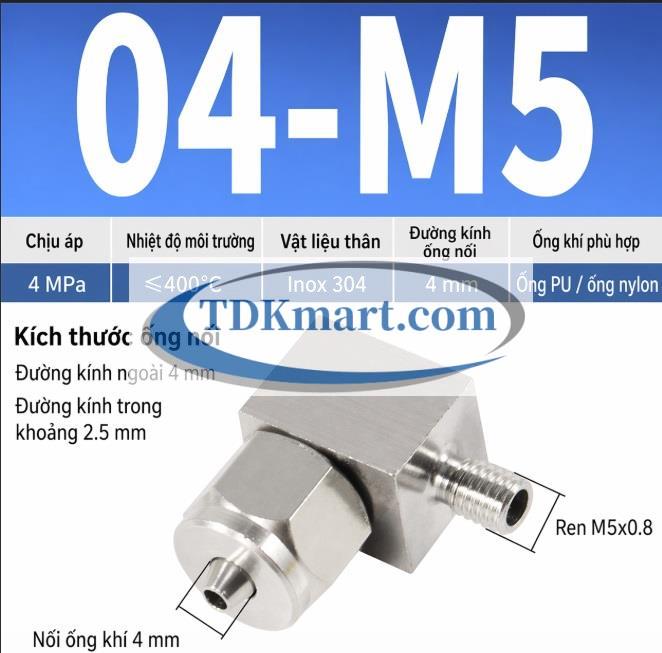Co nối thép không rỉ 304 có 1 đầu siết ống 4 và 1 đầu ren ngoài M5